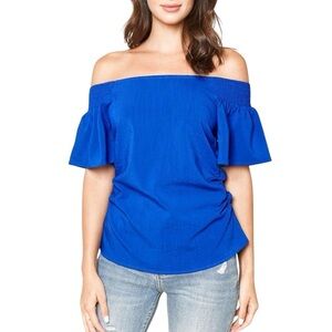Sugar Lips Summer Sky Smocked Off The Shoulder Cobalt Ruffle Sleeve Top